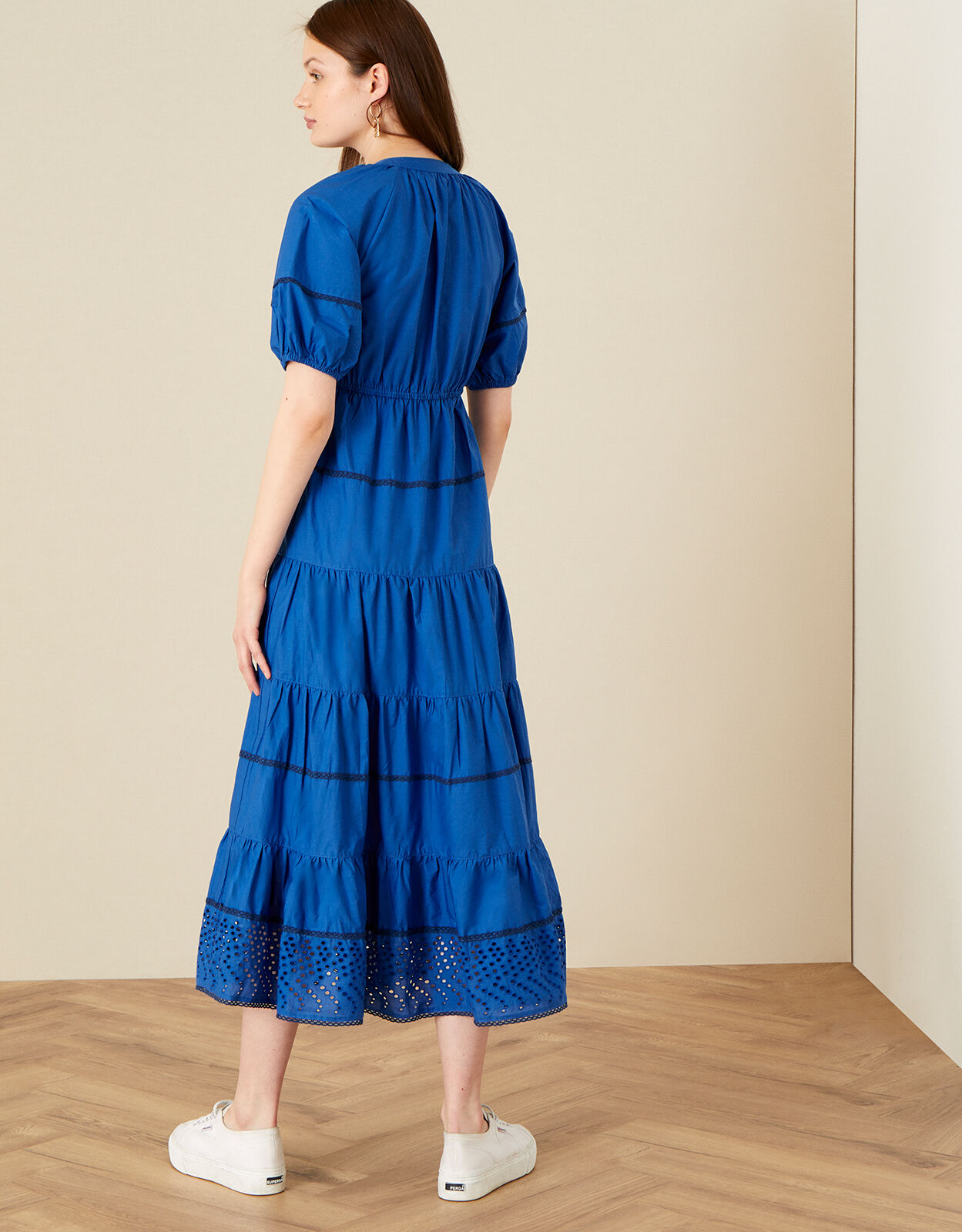 Tiered Midi Dress in Pure Cotton Blue ...